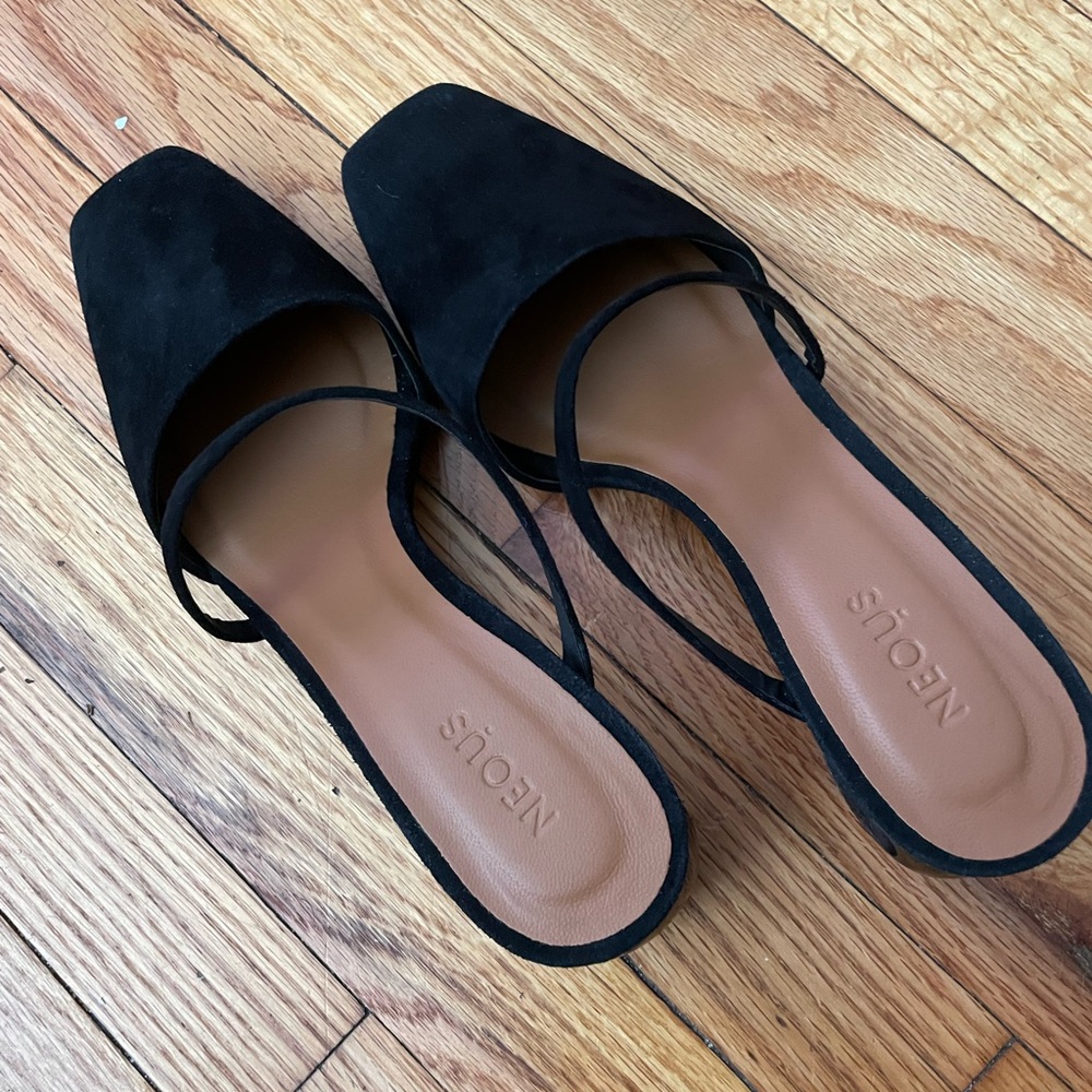 👹NWOT NEOUS Slipon Sandals Square toe ball heel cylindric Asymmetric Pumps 38.5 - Picture 7 of 10